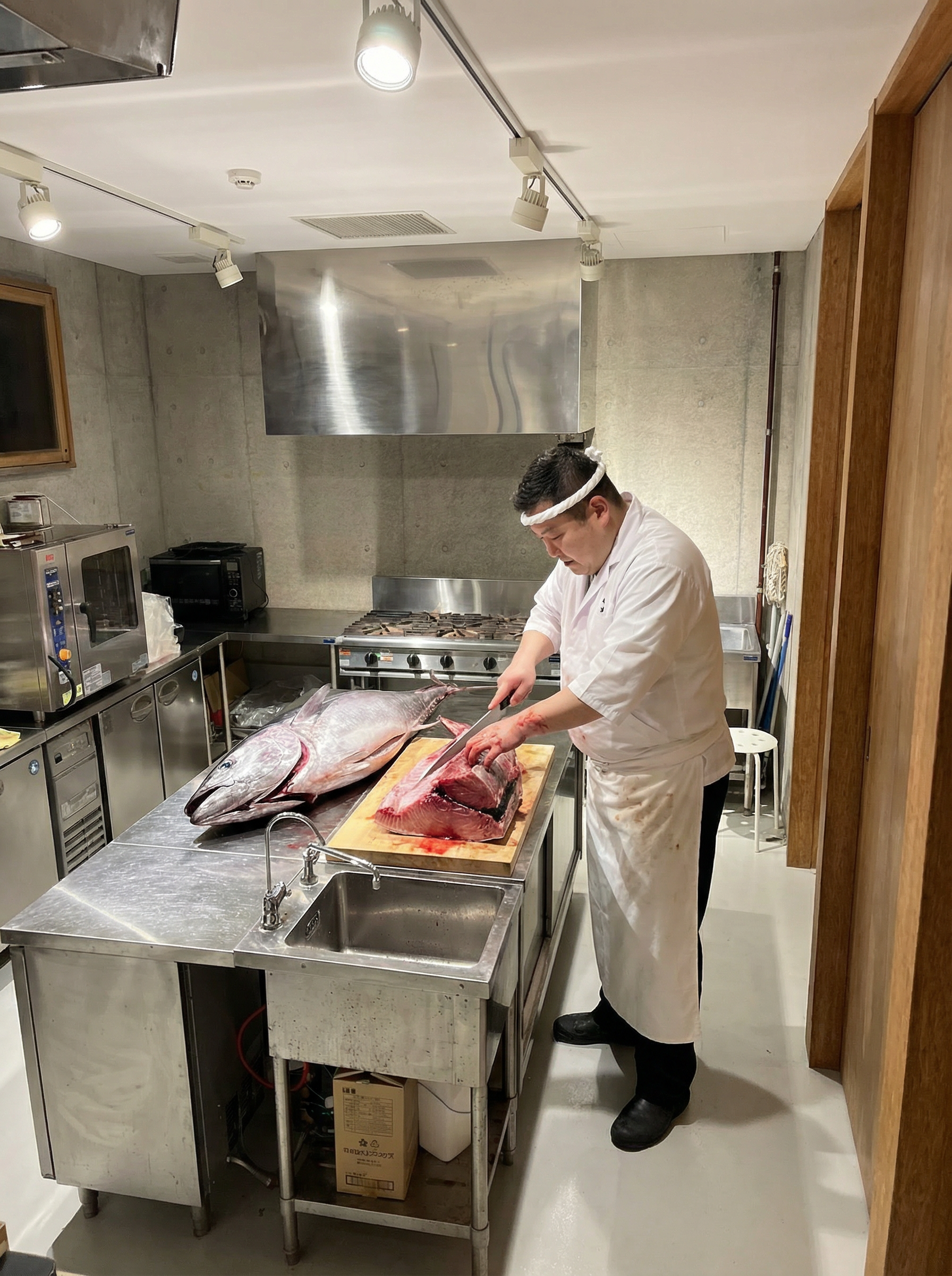 Whole bluefin tuna breakdown at Kaze no Kaeru Mori kitchen